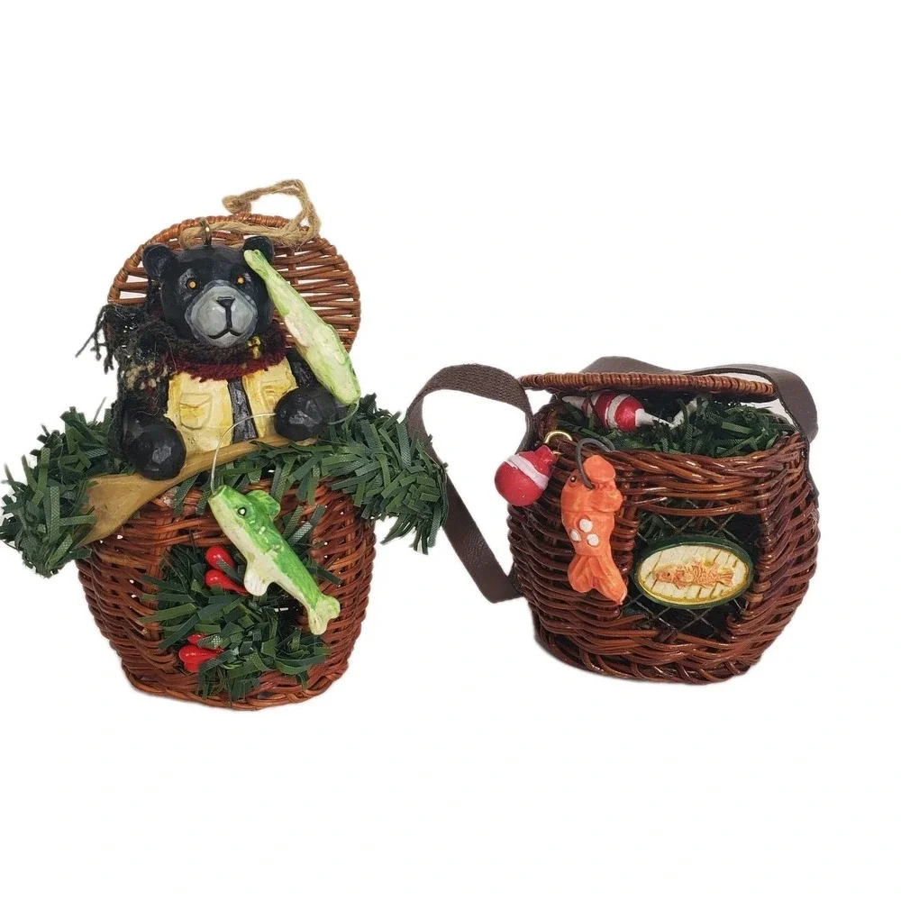 Christmas Tree Ornament Basket  Fishing Bear Fisherman Fish Theme Lot  Of 2